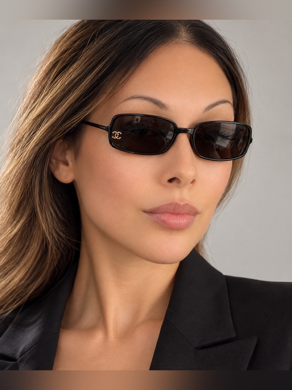 Chanel diamante sunglasses Rectangular Rhinestone Logo Lightweight black vintage
